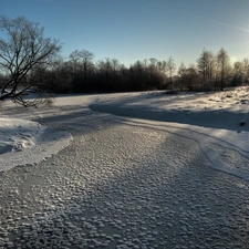 sun, Frozen, trees, viewes, Sky, River