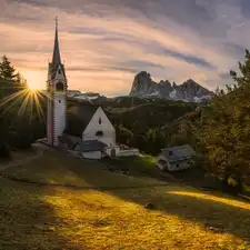 Dolomites Mountains, Italy, viewes, Tirol, Church of St. James, trees, rays of the Sun