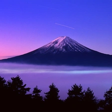 trees, viewes, Fuji, clouds, volcano