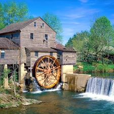 trees, viewes, cascade, water, Windmill