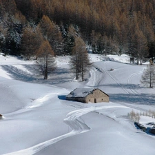 trees, viewes, snow, Houses, winter