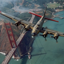 The Golden Gate Bridge, plane, turboprop