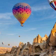 formations, Balloons, Cappadocia, Turkey, Tufa, rocks