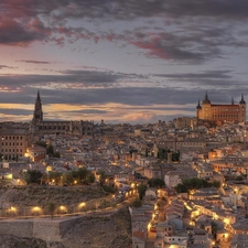 town, Toledo, twilight, Spain, light, panorama