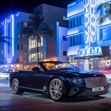 Houses, Night, Cabrio, Street, Bentley Continental GT V8