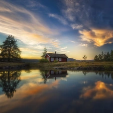 Vaeleren Lake, clouds, Boat, house, Ringerike, Norway, viewes, reflection, trees