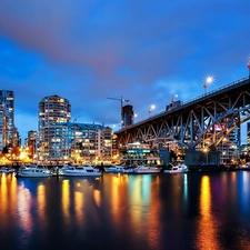 Fraser, skyscraper, Vancouver, night, bridge, River