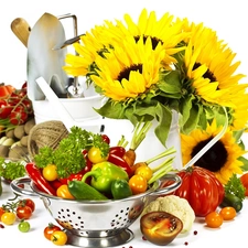 cucumbers, Nice sunflowers, pepper, composition, tomatoes, Bowl of Vegetables