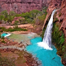 stream, waterfall, VEGETATION, Arizona, rocks, Havasu