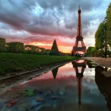 VEGETATION, puddle, tower, Eiffla, Paris