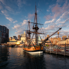 sailing vessel, skyscrapers, port, Town