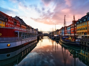 vessels, houses, sun, Nyhavn, west