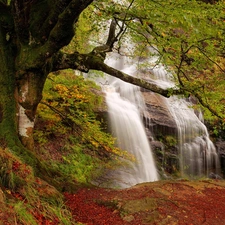 viewes, autumn, rocks, trees, waterfall