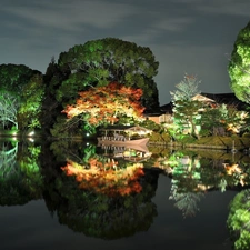 viewes, lighting, bath-tub, trees, lake