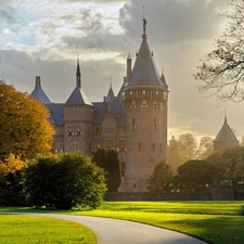 viewes, Castle, Lawn, trees, Way