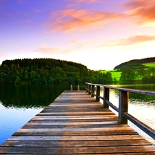 viewes, clouds, lake, trees, Platform