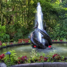 viewes, Flowers, Garden, trees, fountain