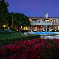 viewes, Flowers, Pool, trees, villa