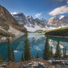 clouds, Lake Moraine, trees, Province of Alberta, viewes, Banff National Park, forest, Canada, reflection, Mountains