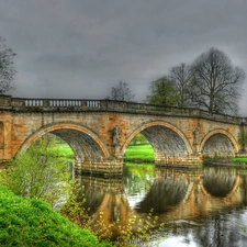 viewes, grass, bridge, trees, River