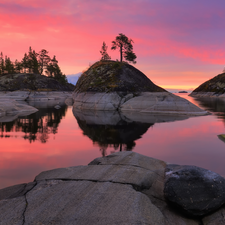 viewes, rocks, Karelia, trees, Lake Ladoga, Great Sunsets, Russia