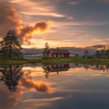 Vaeleren Lake, Great Sunsets, clouds, house, Ringerike Municipality, Norway, viewes, reflection, trees