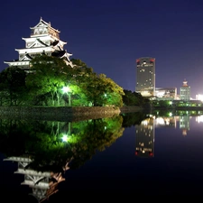 viewes, Hiroshima, water, trees, Hotel hall