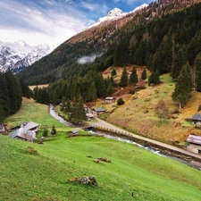 bridge, River, Houses, trees, forest, Way, Valley, Mountains, clouds, viewes, peaks, Snowy