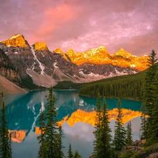 Banff National Park, Canada, Mountains, Lake Moraine, clouds, reflection, trees, viewes, woods