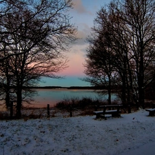 lake, trees, viewes, snow