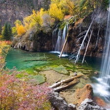 trees, waterfall, color, rocks, autumn, viewes, Leaf