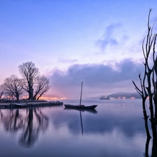 trees, Mountains, Dusk, Lodz, lake, viewes, light