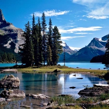 viewes, Mountains, Islet, trees, lake