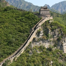 viewes, Mountains, Chinese, trees, wall