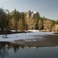 Mountains, end, viewes, River, trees, Winters