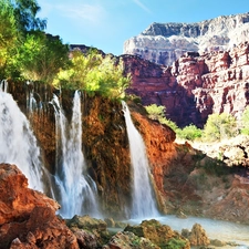 viewes, rocks, waterfall, trees, Mountains