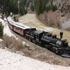 viewes, rocks, River, trees, Train