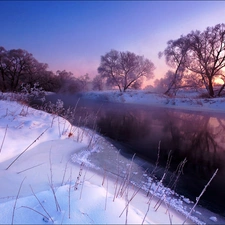River, west, viewes, snow, trees, sun