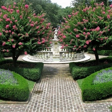 flourishing, Park, viewes, statuette, trees, Hedge