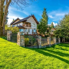 trees, house, Lawn, fence, lovely, viewes, summer