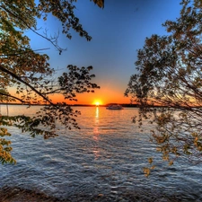 trees, Ship, west, cruise, lake, viewes, sun