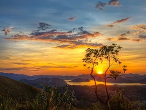 trees, Island, east, Mountains, lake, viewes, sun