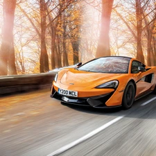 autumn, Orange, trees, viewes, Way, McLaren 570S