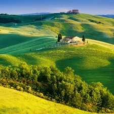 trees, viewes, Italy, Mountains, country, Houses, medows, Tuscany