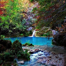 viewes, waterfall, trees