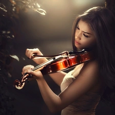 glow, Women, viewes, violin, trees, brunette