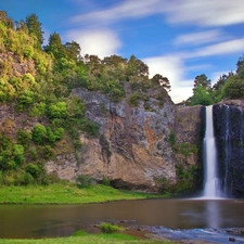 waterfall, trees, viewes, rocks