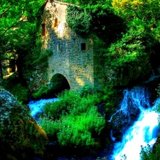 waterfall, trees, viewes, ruins