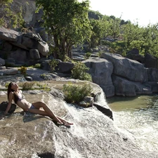 rocks, Women, viewes, Wietnam, trees, waterfall