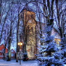 winter, trees, viewes, Church